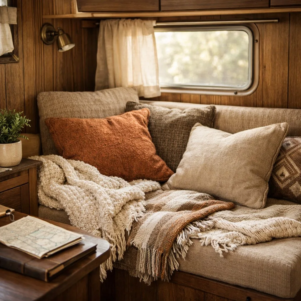 Interior of a retro camper with cozy throws and pillows in muted earth tones on a seating area.