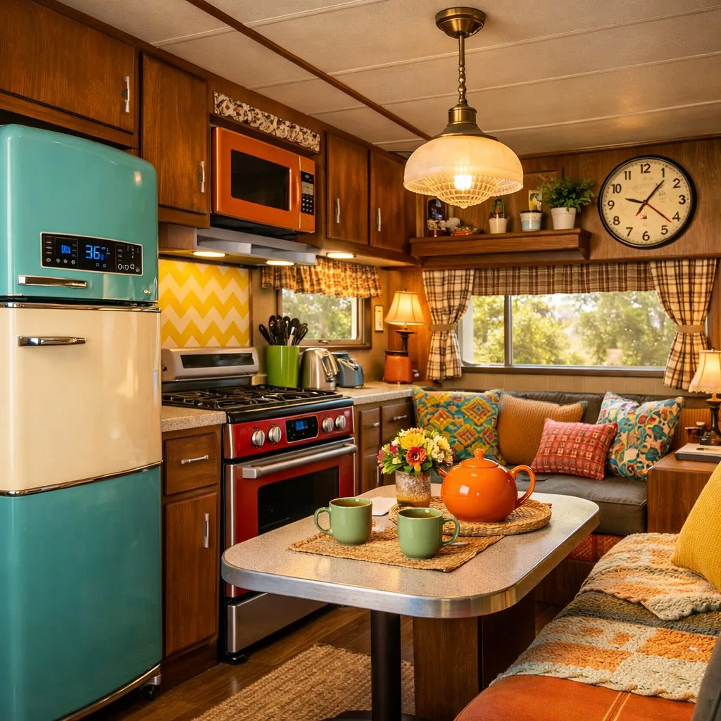Interior of a camper with vintage-style appliances and cozy seating, combining classic design with modern features.
