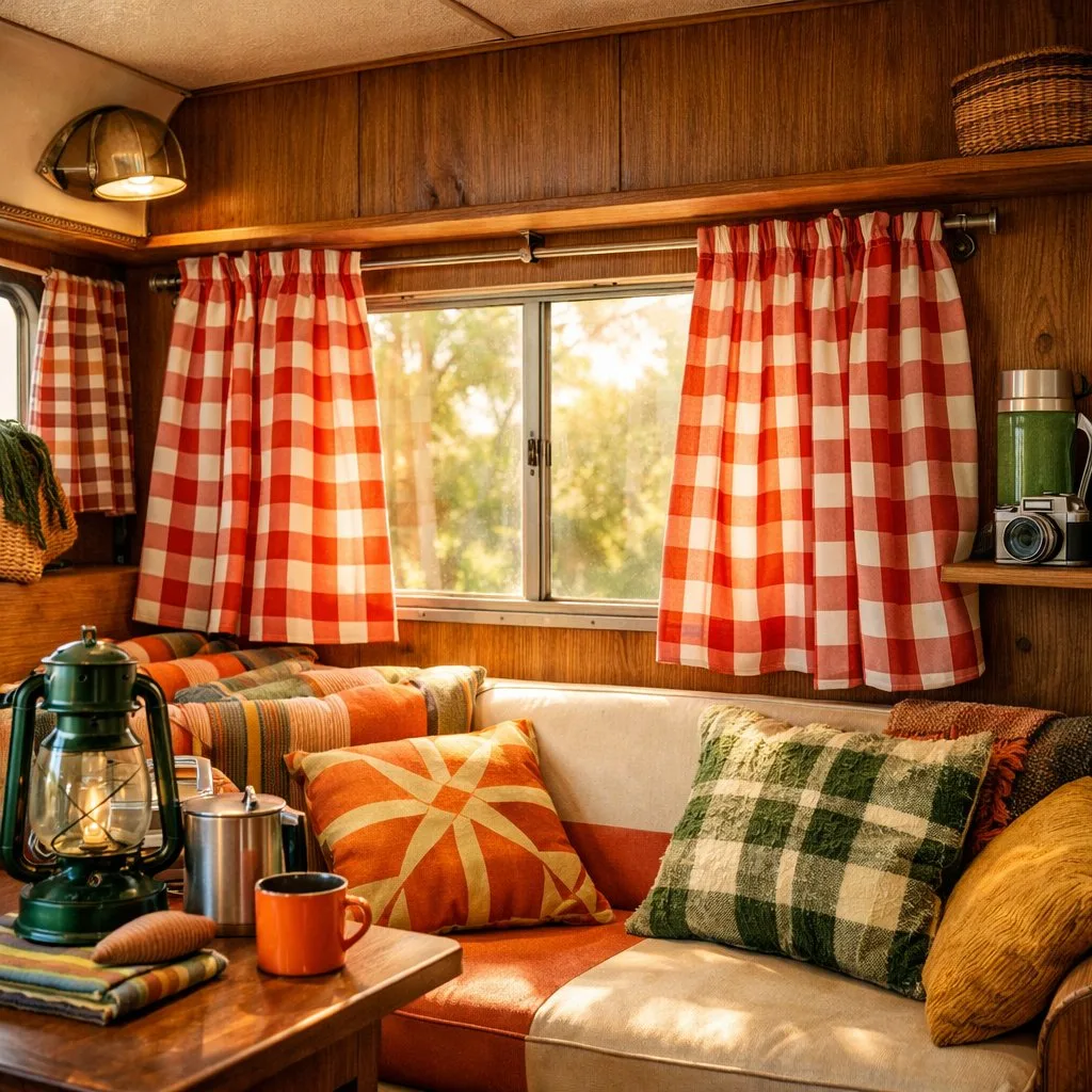 Interior of a camper with checkerboard curtains, cozy seating, and wooden paneling illuminated by natural light.