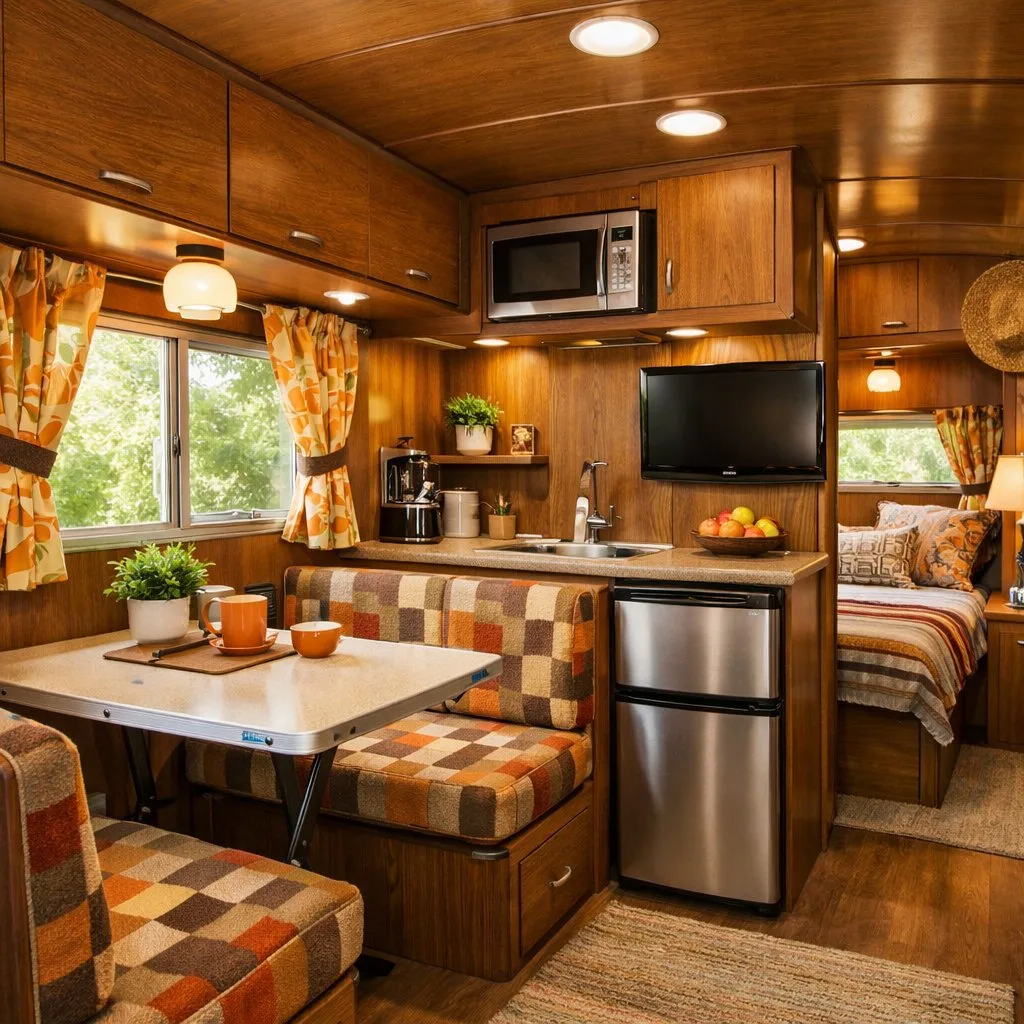 Interior view of a camper with wood paneling, seating area, dining table, and modern appliances.