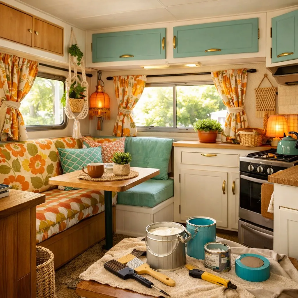 Interior of a vintage camper with colorful cushions, wooden cabinets, and decorative accents, showing a cozy and inviting space.