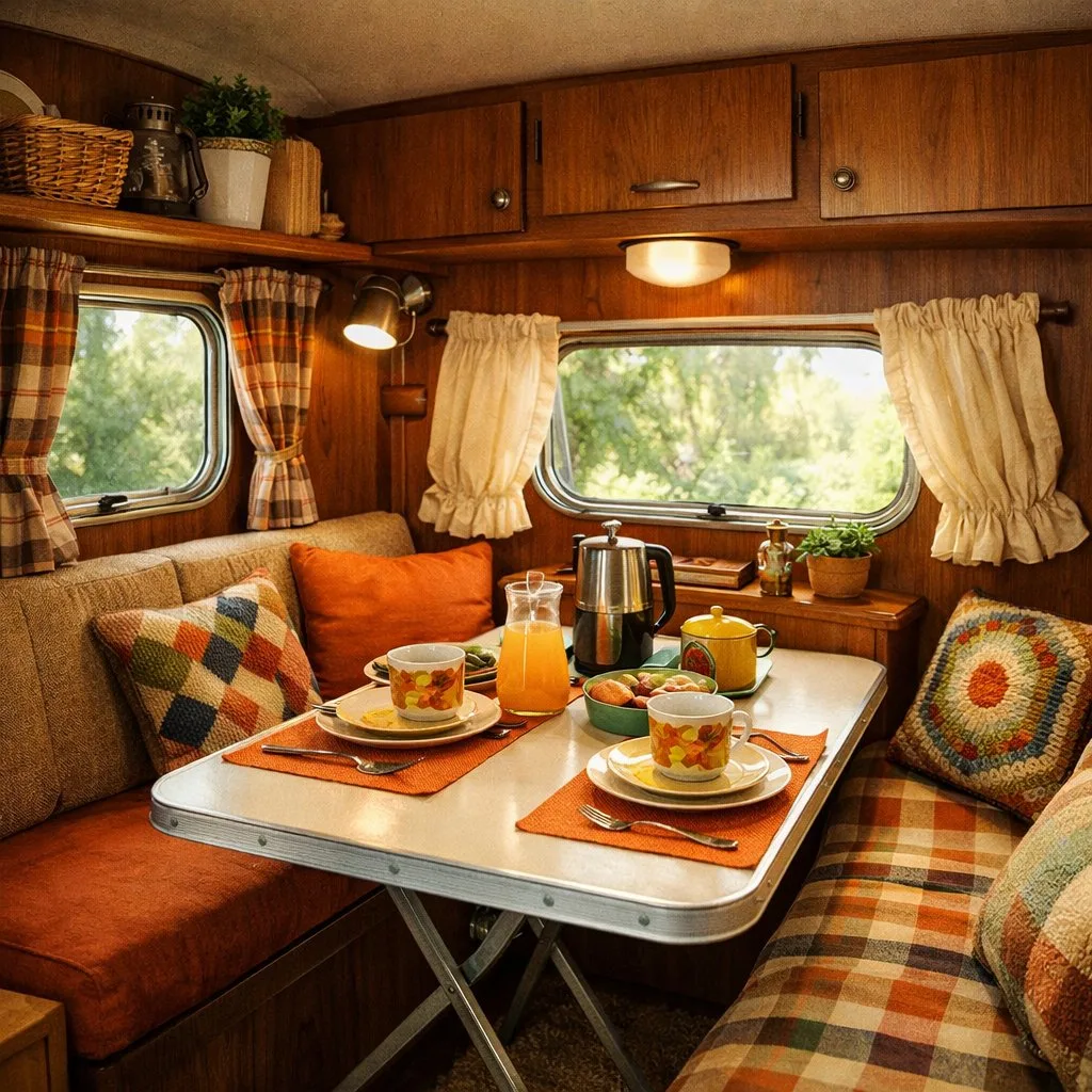 Interior of a retro camper van with wooden paneling, colorful cushions, a small dining table, and potted plants.