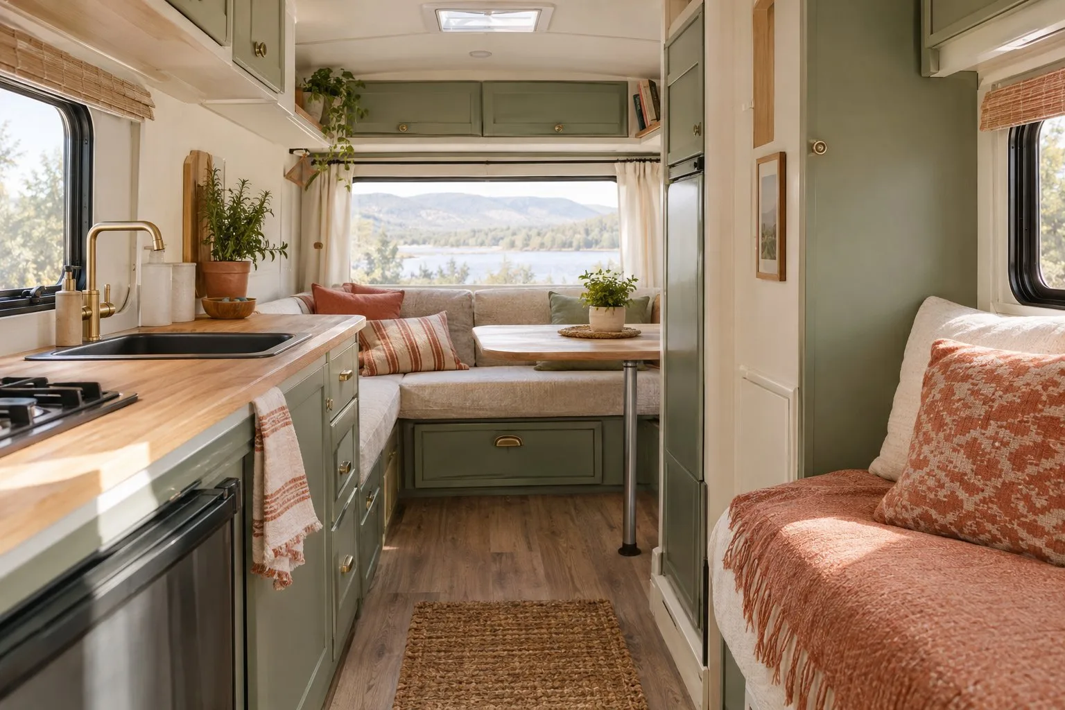 A compact camper interior with sage-green cabinets, light wood accents, and warm neutral furnishings.