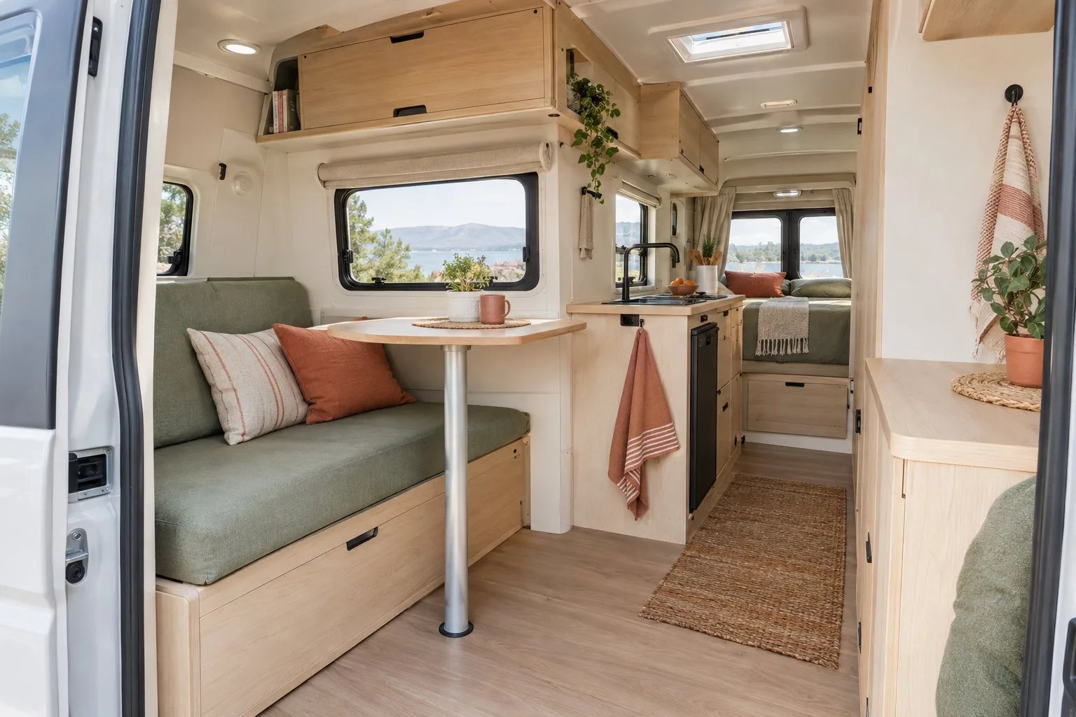 A compact camper interior with cream walls, pale wood cabinets, sage-green cushions, and terracotta accents.