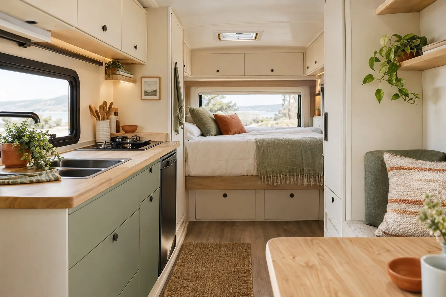 A small camper interior with pale wood, off-white surfaces, and sage green accents.
