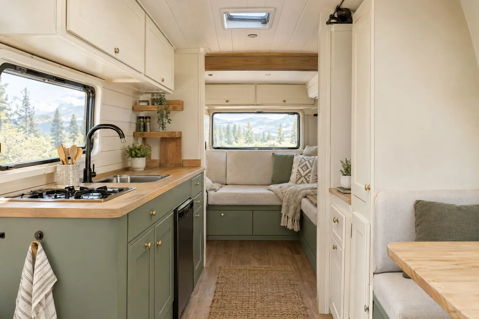 A compact camper interior with sage-green cabinets, cream walls, and natural wood accents.