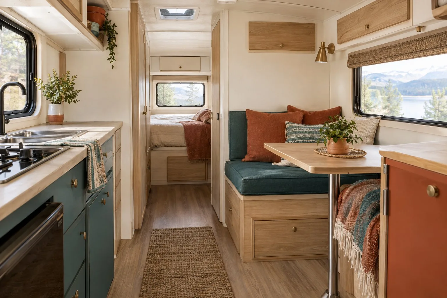 A compact camper interior with light walls, wood details, and teal and terracotta accents.