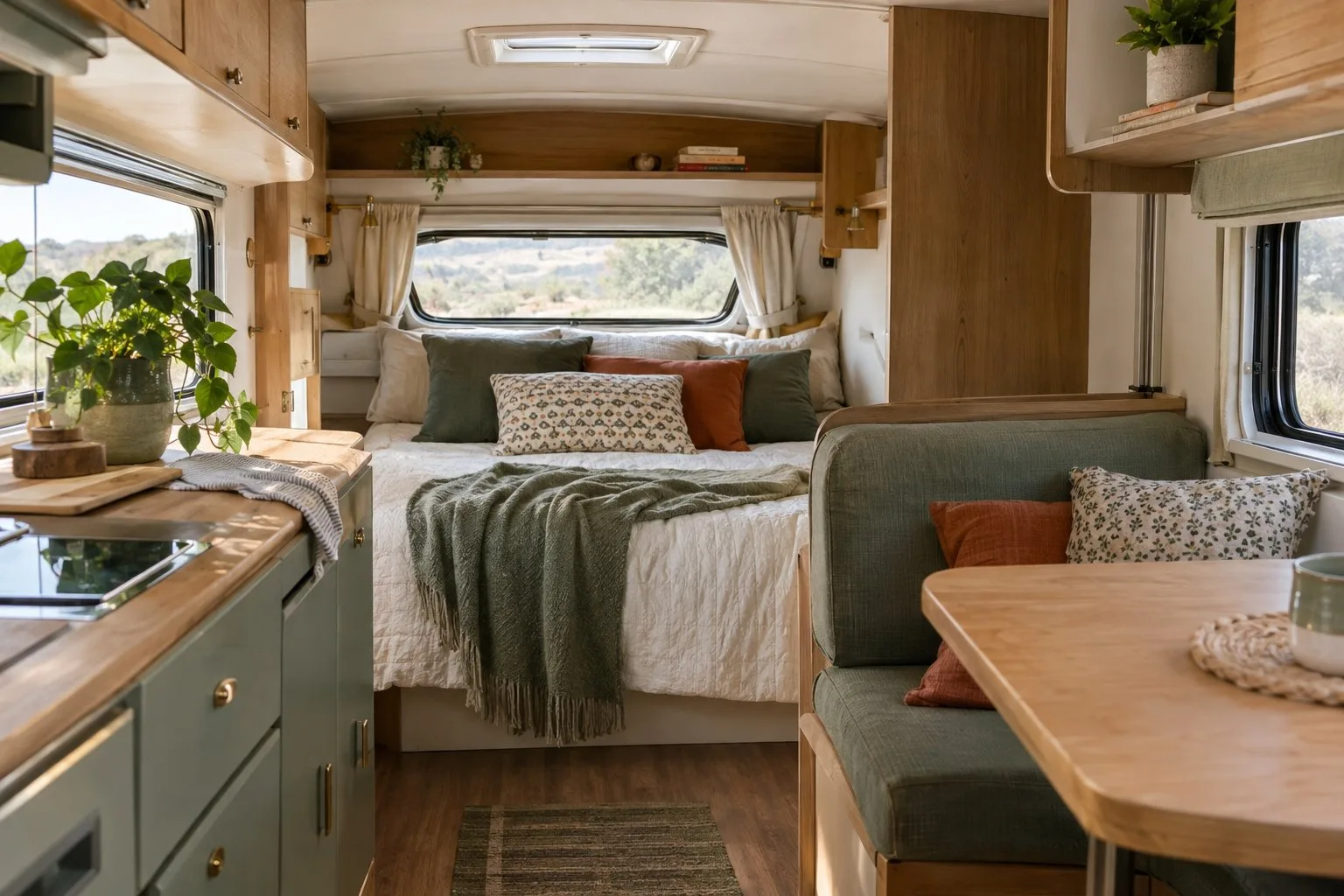 A compact camper interior decorated in cream, sage green, and natural wood.