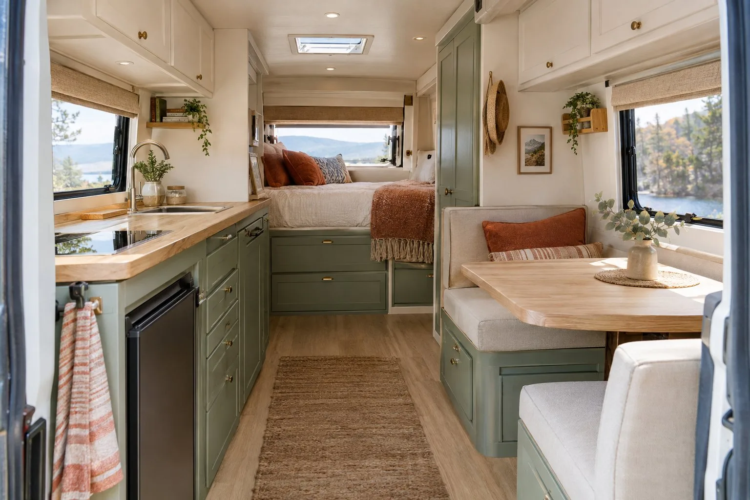 A small camper interior with sage-green cabinets, pale wood surfaces, and a neatly made bed.