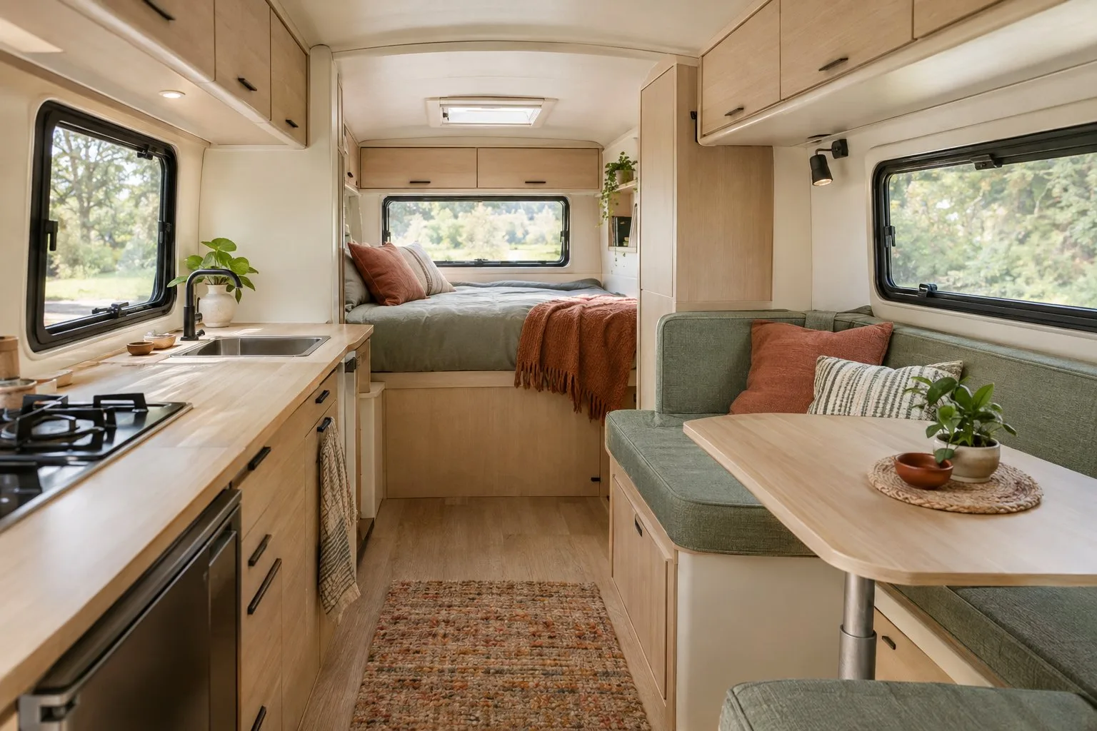 A compact camper interior with pale wood, sage-green seating, and warm neutral walls.