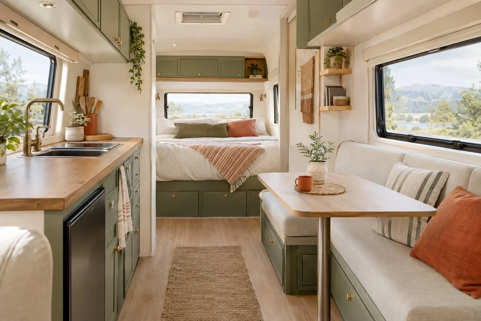 A compact camper interior with cream walls, sage green cabinets, pale wood accents, and a small bed.