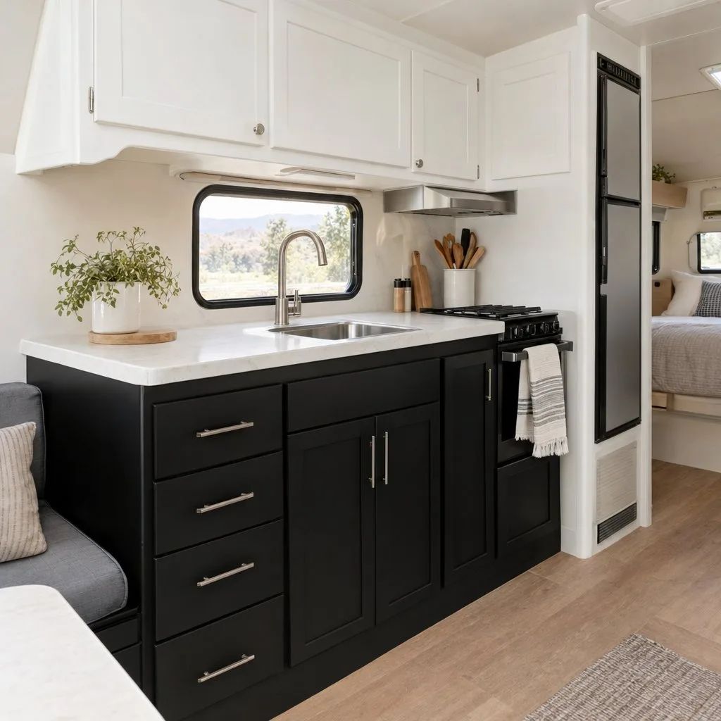 Two tone black lower and white upper cabinets in a small camper.