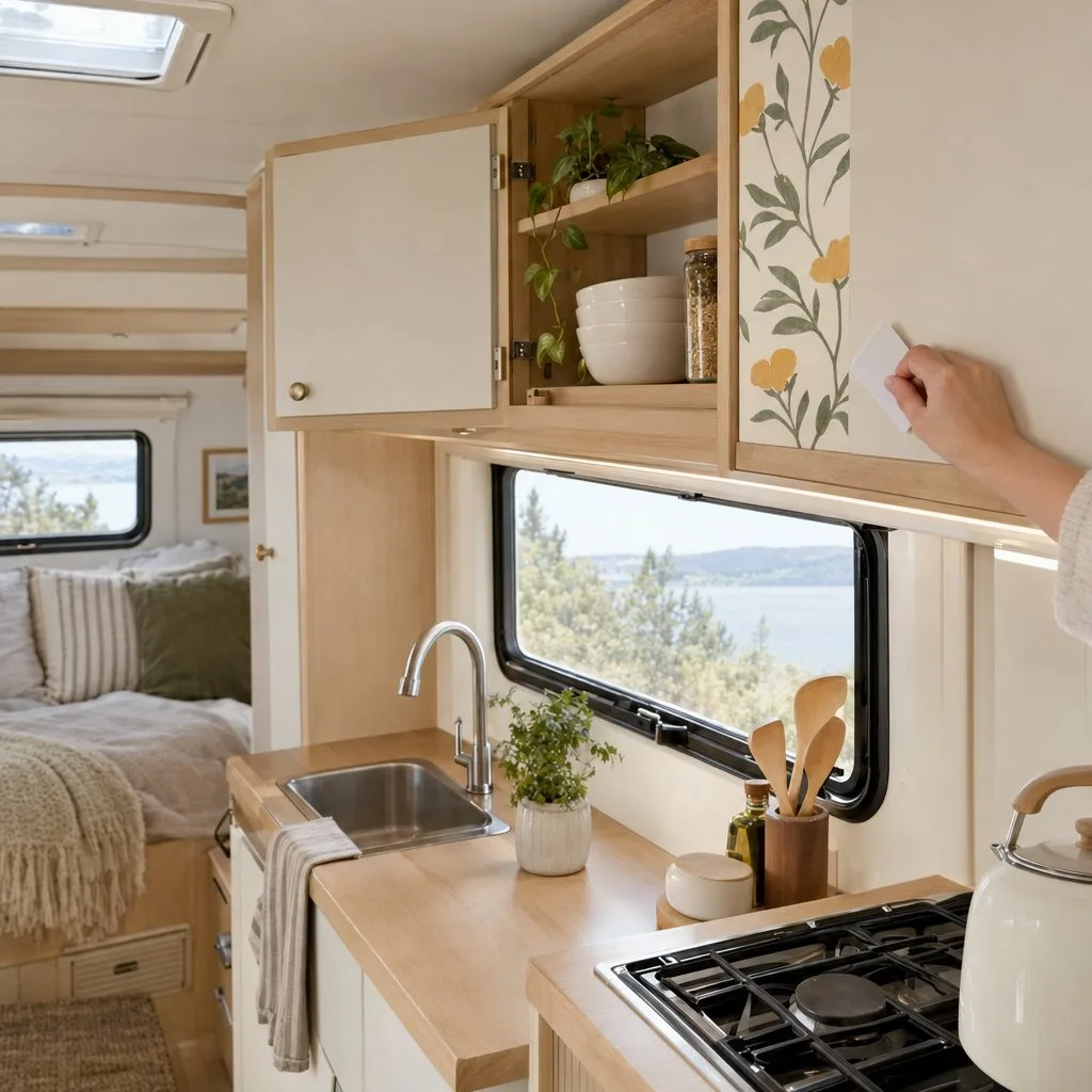 Adding removable wallpaper in a small camper.