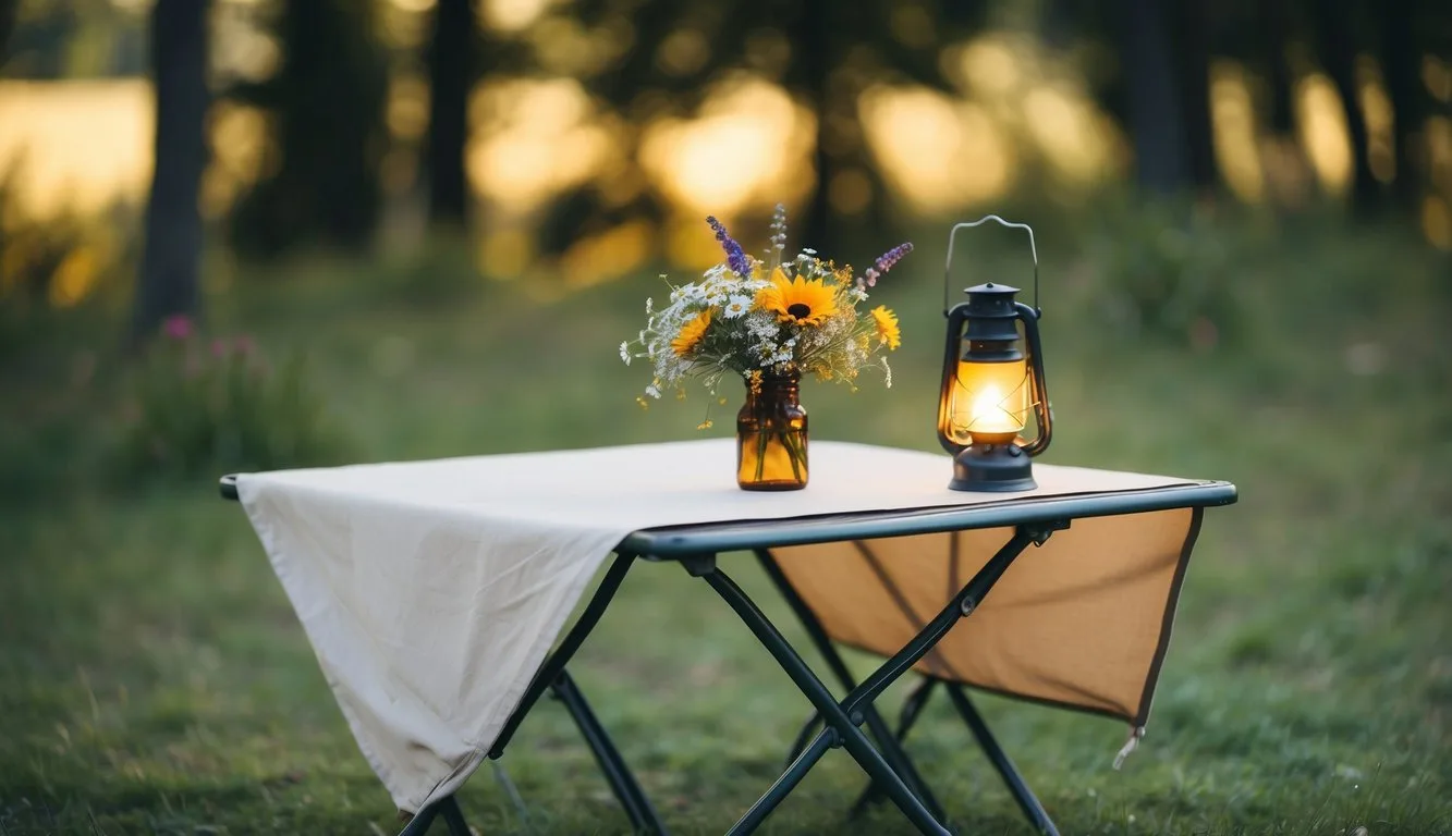 A small tablecloth drapes over a foldable camping table, adorned with a vase of wildflowers and a flickering lantern for a cozy outdoor setting