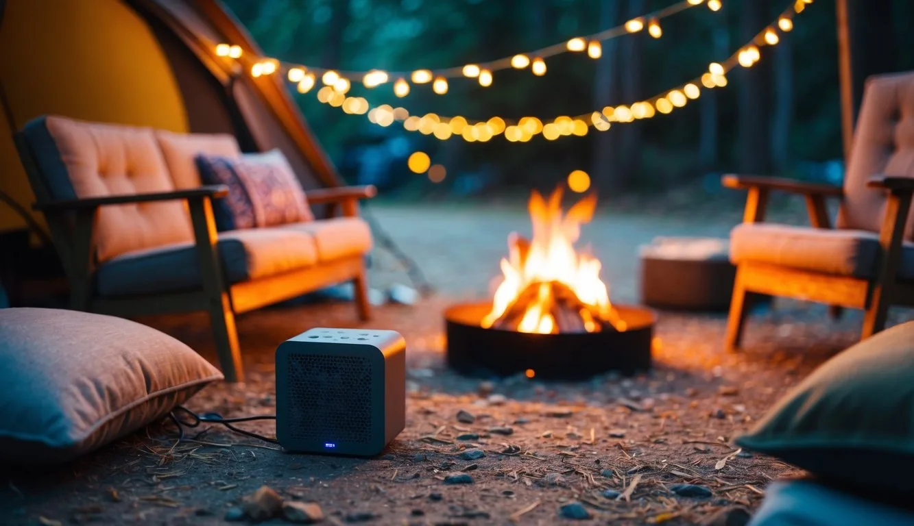 A cozy campsite with a small Bluetooth speaker playing gentle background music amidst a warm fire, twinkling string lights, and comfortable seating
