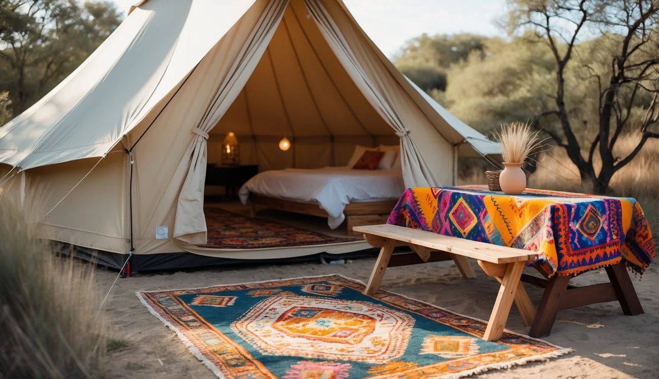 A tent entrance with a soft indoor/outdoor rug, surrounded by cozy camping gear and a warm glowing lantern