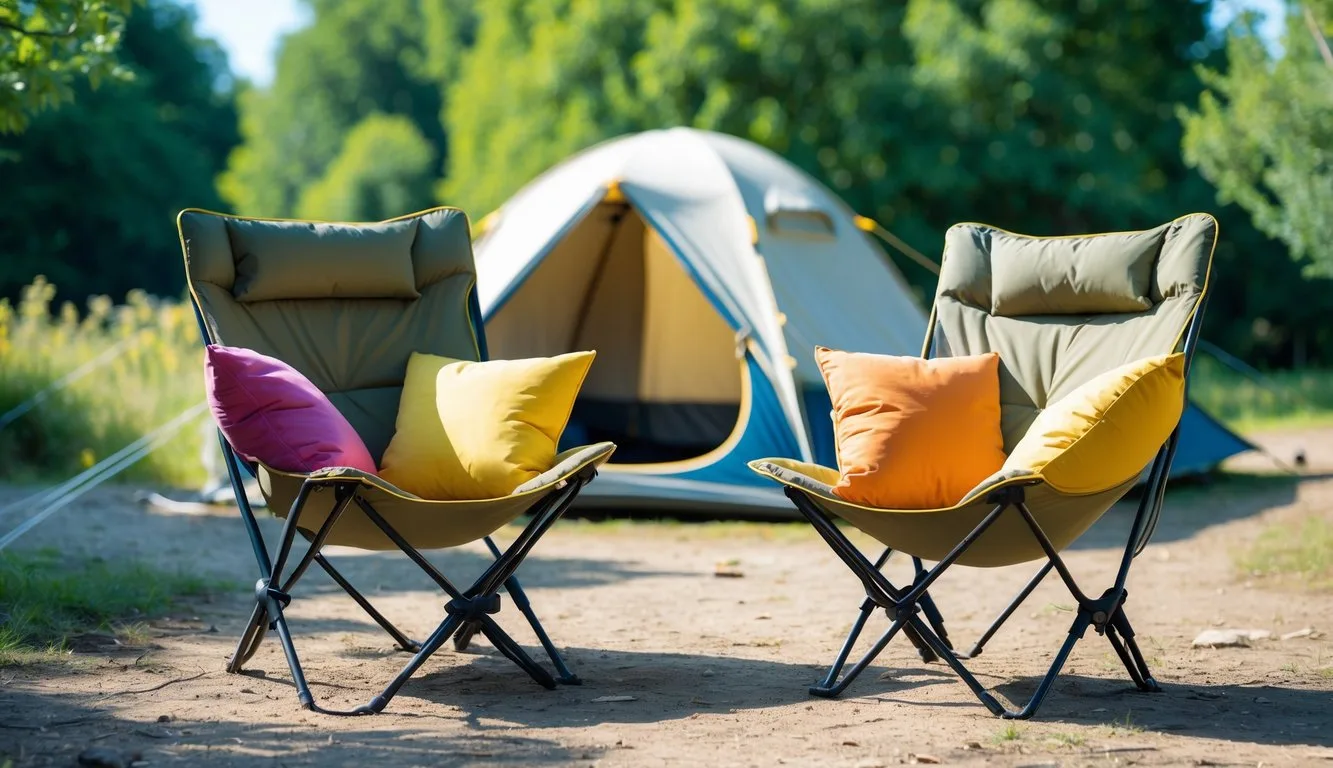 A circle of portable camp chairs with cushions around a crackling campfire
