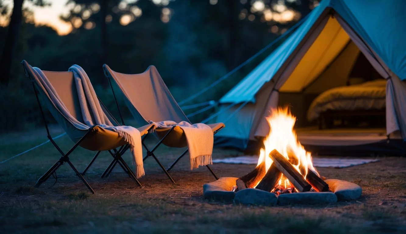 Blankets draped over camping chairs in front of a glowing campfire