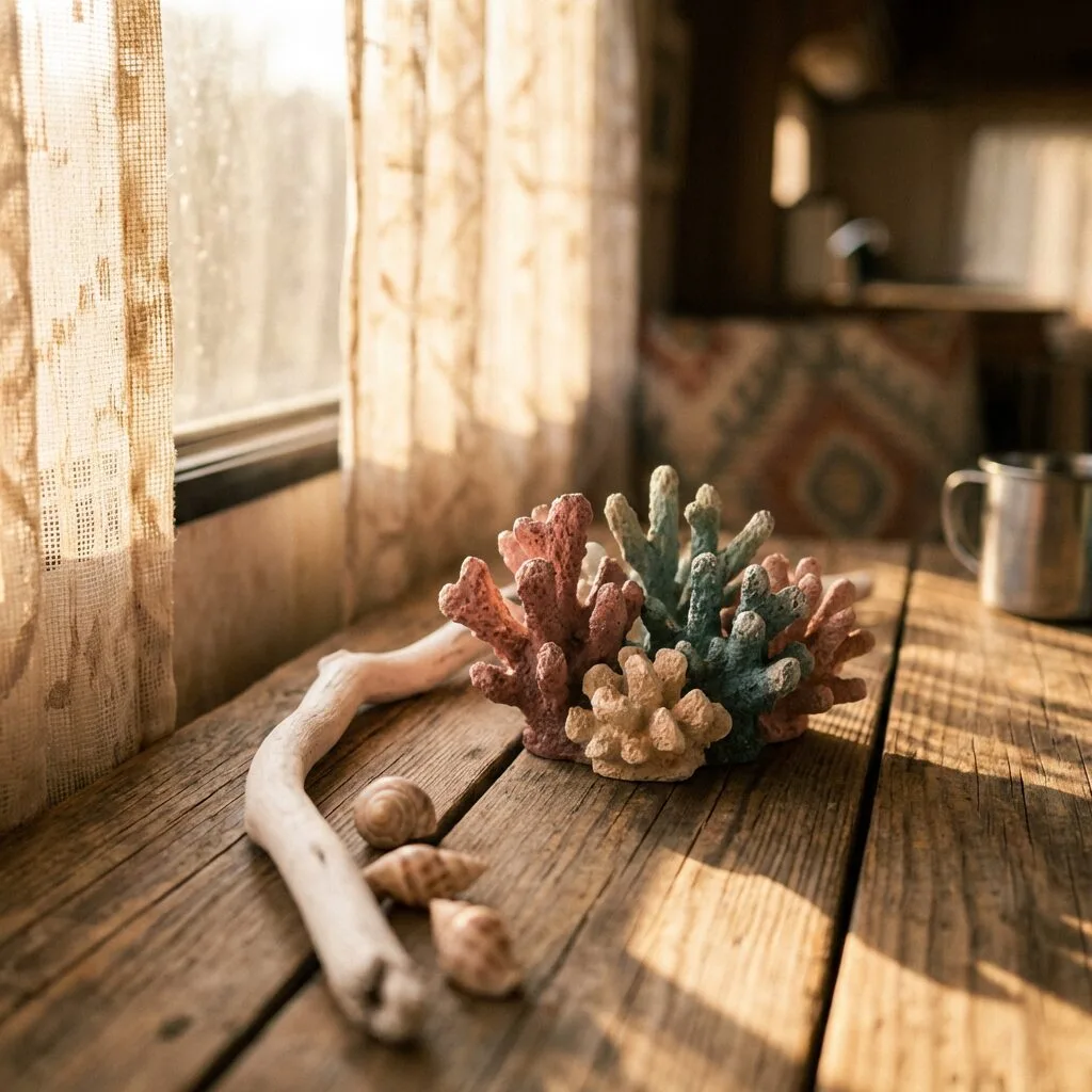 Miniature coral sculptures displayed on a wooden table with seashells and driftwood nearby.