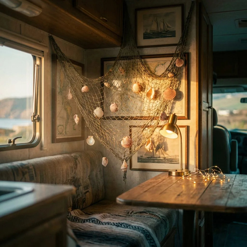 Beachy camper interior with a decorative fish net.