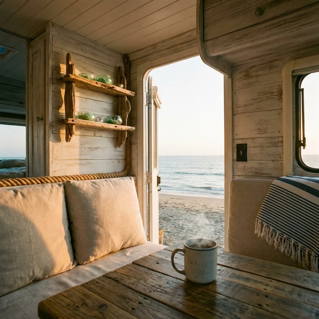 Interior of a beach camper decorated with coastal-themed items, showing a cozy and inviting space by the ocean.