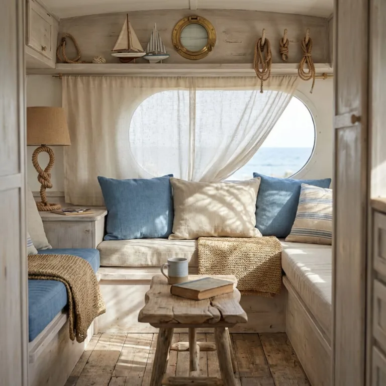 Interior of a beach camper decorated with blue and beige colors, featuring cozy seating and nautical-themed decor.