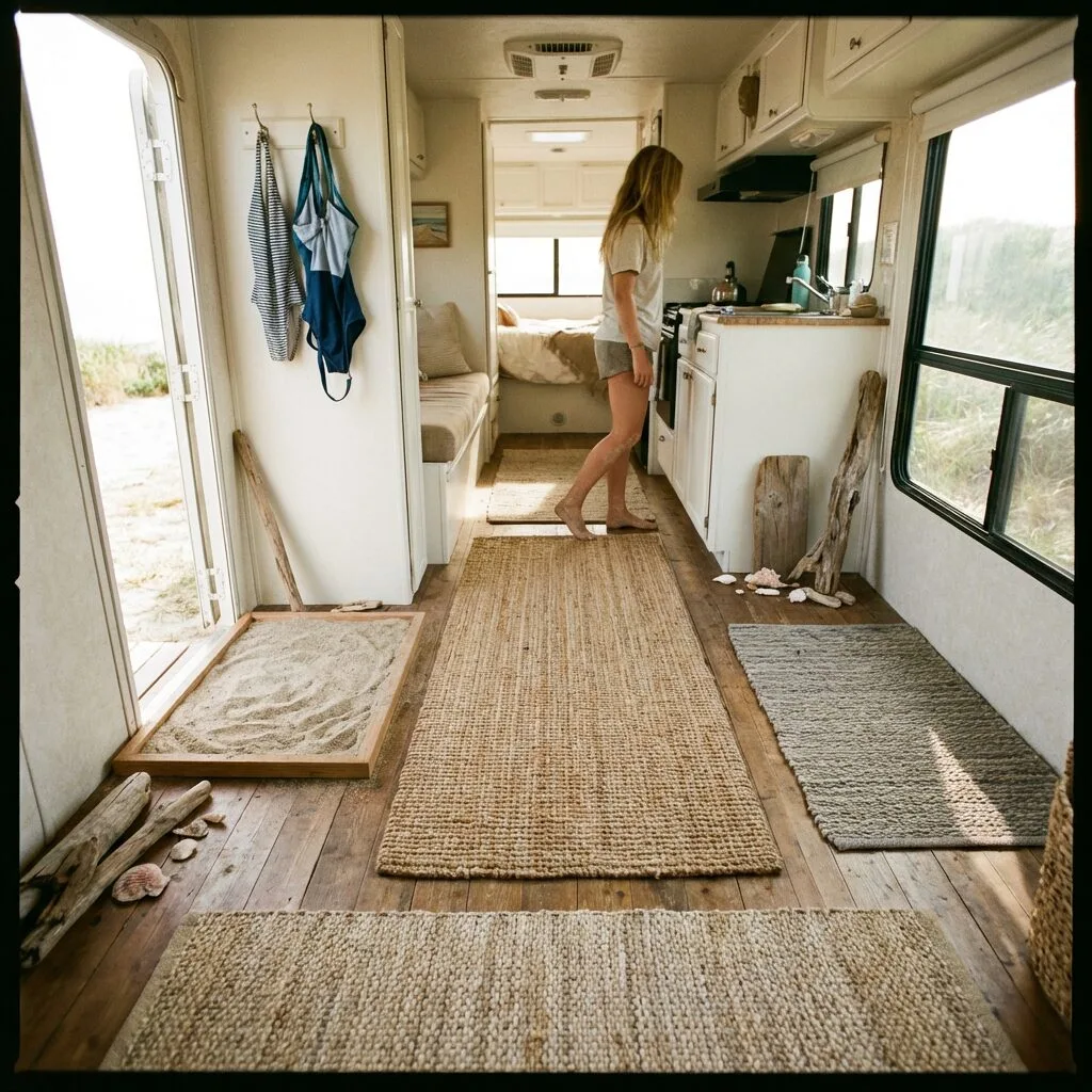 Beachy camper interior with seagrass rugs in differnet sizes and colors on the floor.