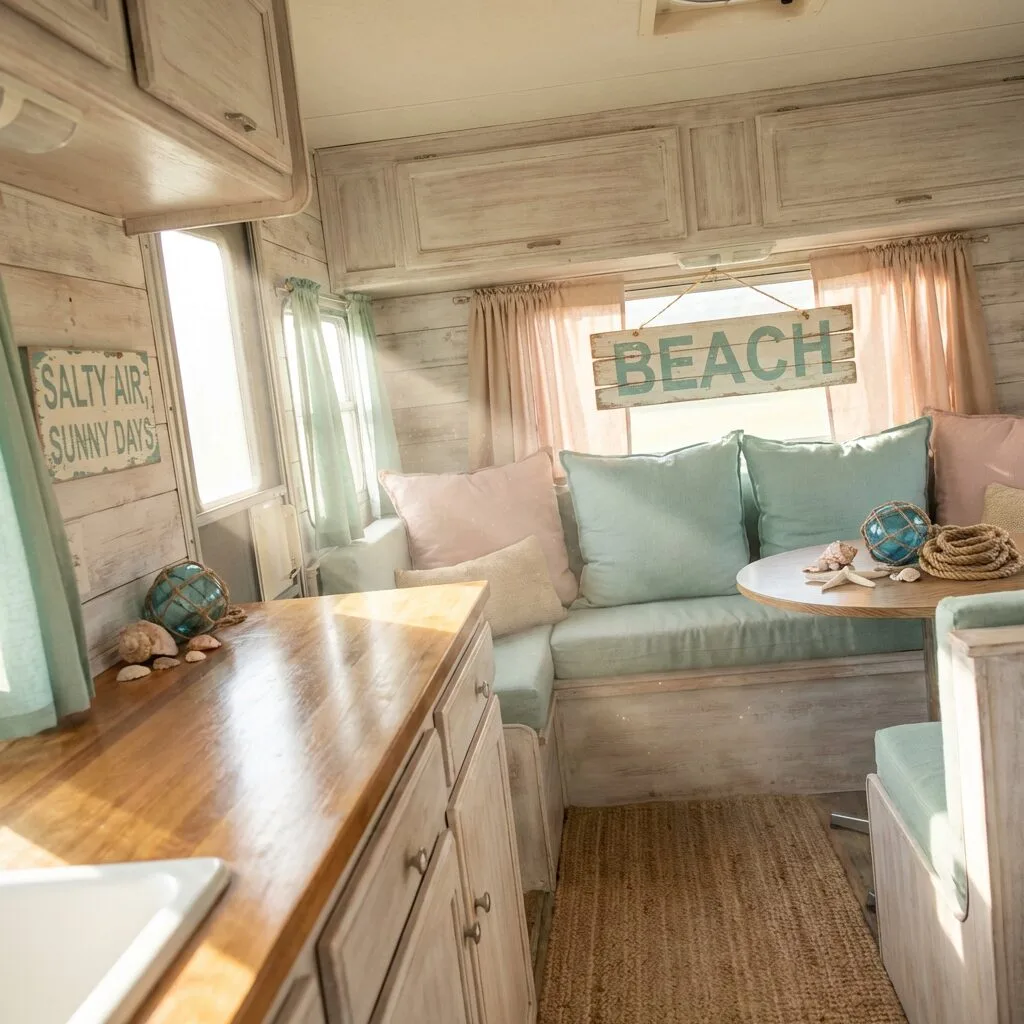 Interior of a camper decorated with beach-themed wall signs and coastal decor, featuring seashells, starfish, and soft pastel colors.
