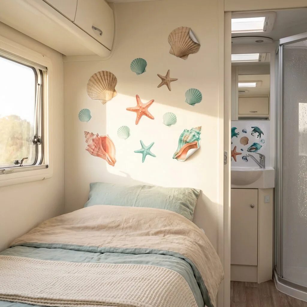 Beach camper interior decorated with oceanic wall decals.