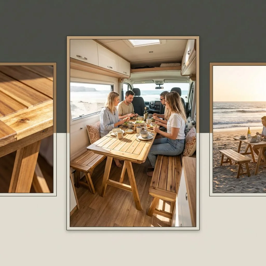 Family sitting at a wooden bench in a beach decorated small camper.