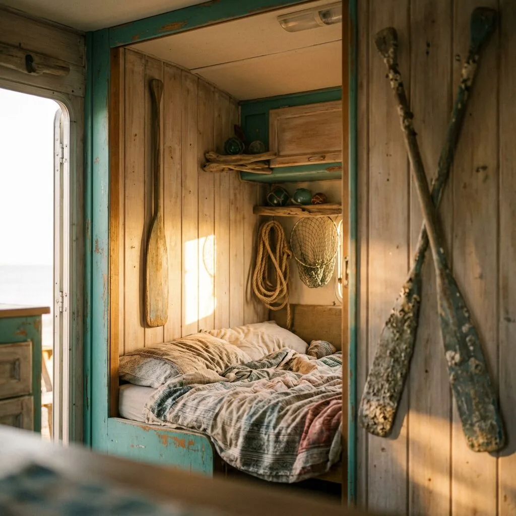 Beachy inspirec camper interior with decorative wooden oars.