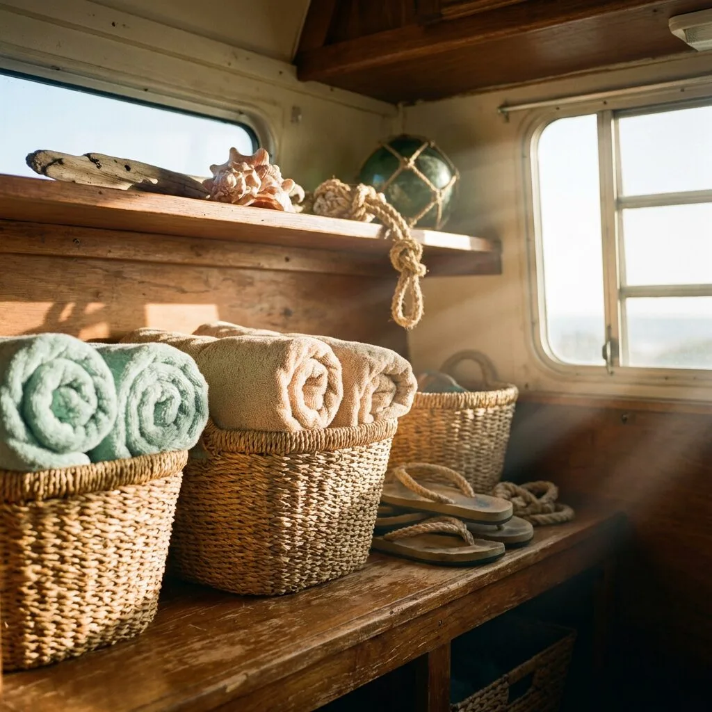 Woven baskets holding beach towels and flip-flops inside a bright beach camper with wooden shelves and coastal decor.