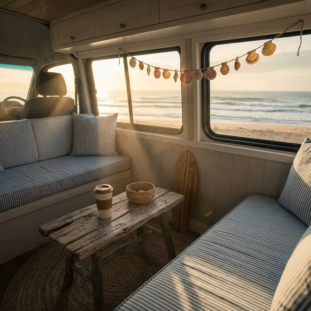 Interior of a camper decorated with beach-themed items and light colors, with sunlight coming through windows showing a beach outside.