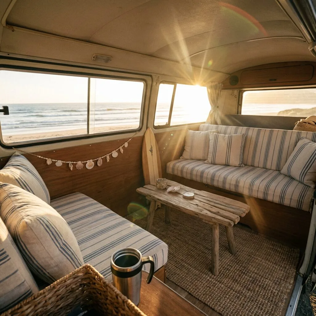 Interior of a beach camper decorated with coastal accents, sunlight coming through windows showing a beach outside.