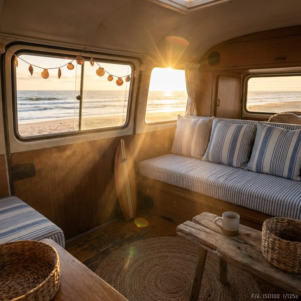 Interior of a beach camper decorated with coastal items, parked on a sandy beach with the ocean visible outside.