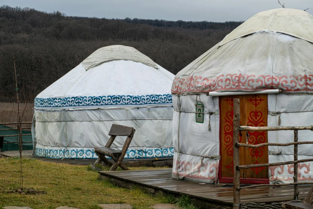Two traditional yurts in a serene rural setting. Perfect for camping or a nature retreat.