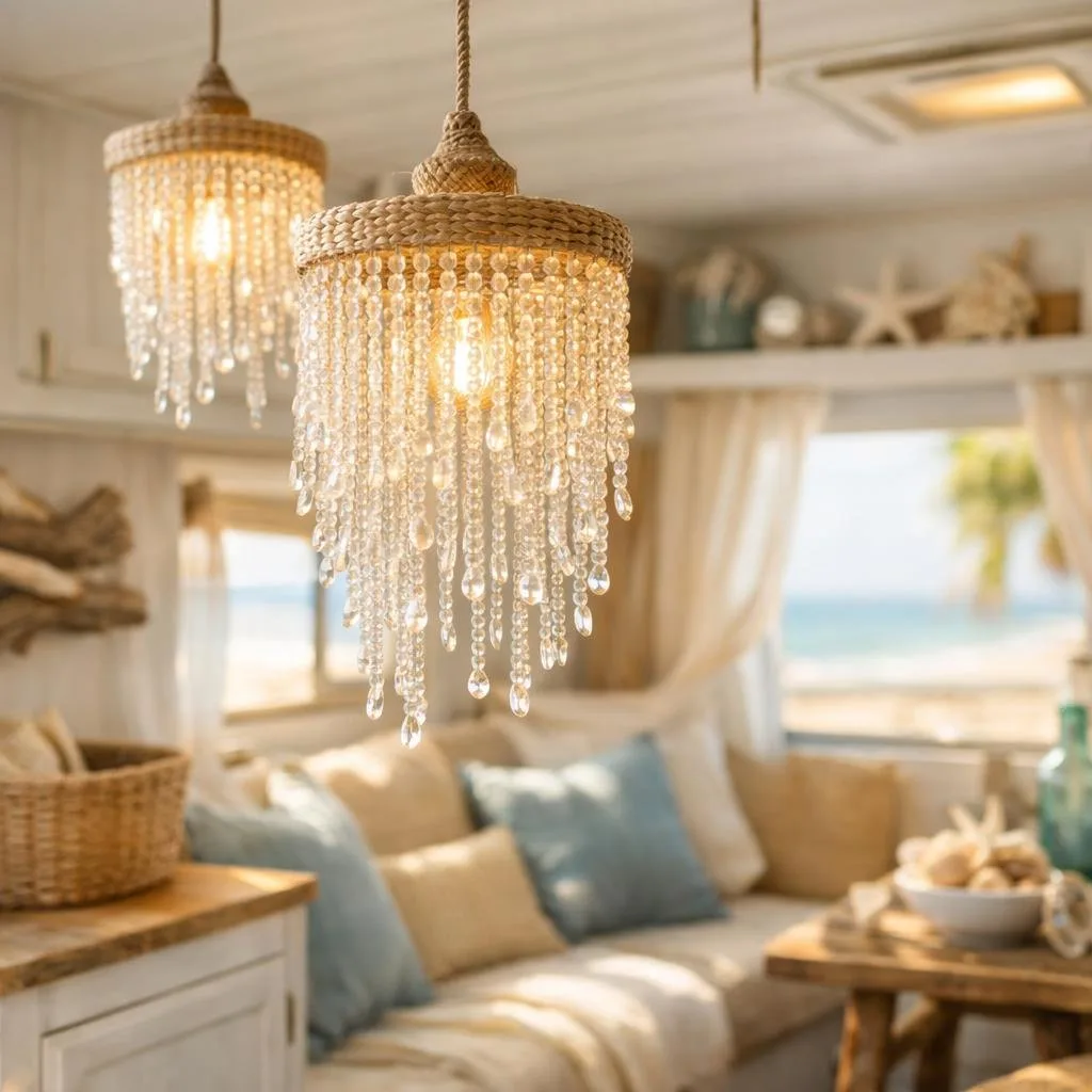 Light fixtures with beaded fringes glowing softly inside a bright beach camper decorated with coastal elements and natural textures.