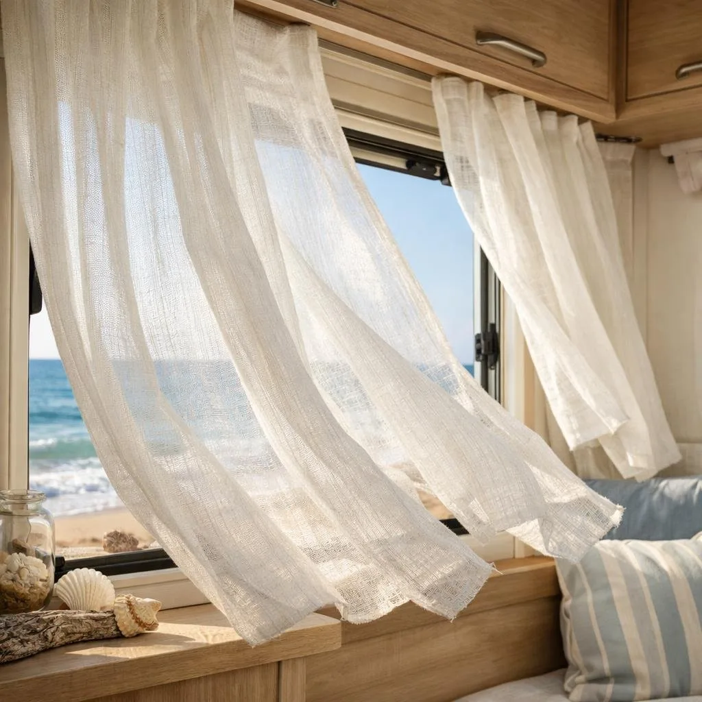 Soft linen curtains fluttering near an open window of a beach camper overlooking the ocean.