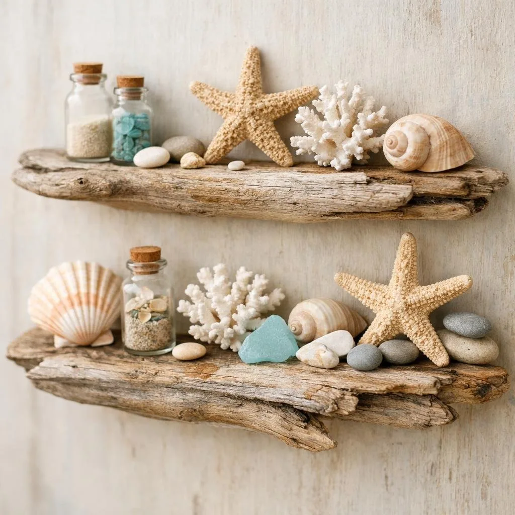 Shelves made of driftwood displaying seashells, starfish, coral, and glass bottles filled with sand.