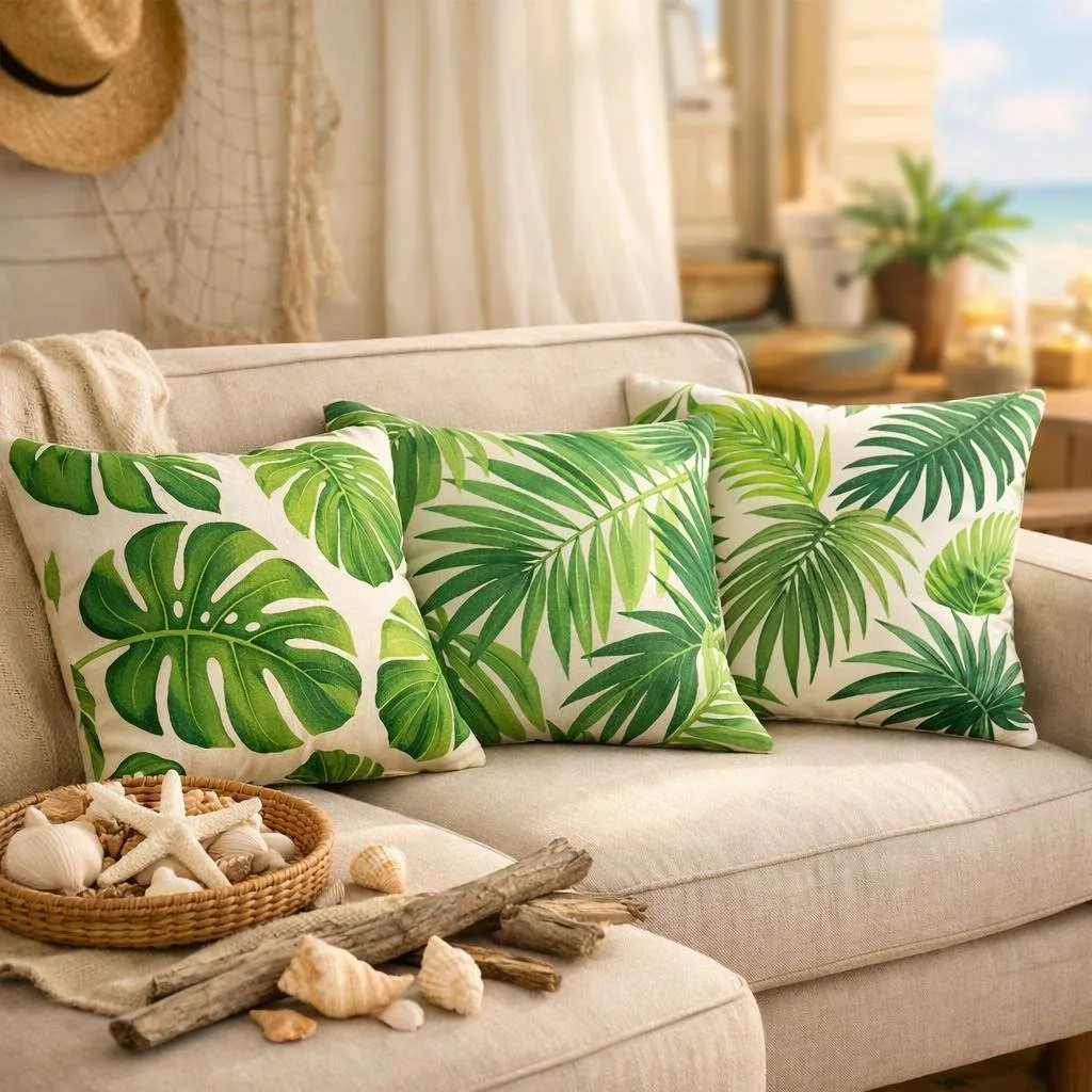 A sofa decorated with green tropical palm leaf throw pillows in a cozy room with beach-themed decor.