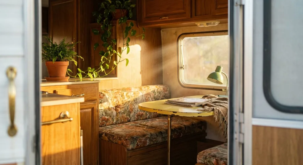 A charming vintage camper kitchen and dining area bursting with retro personality and clever design.