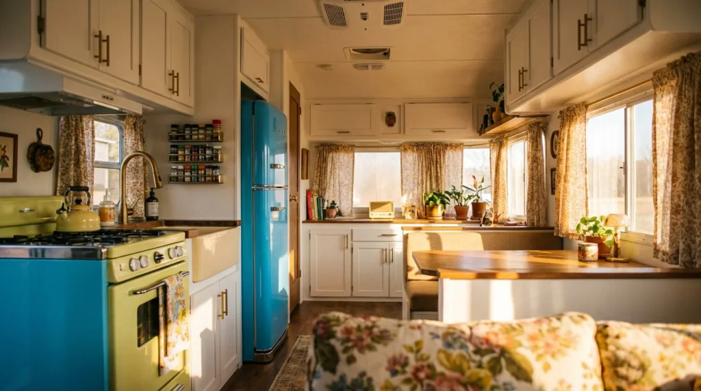 A charming vintage camper kitchen and dining area bursting with retro personality and clever design.