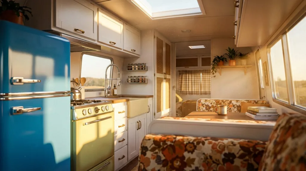 Interior of a vintage camper showing a wooden dining area, kitchenette, and cozy seating with natural light coming through windows.