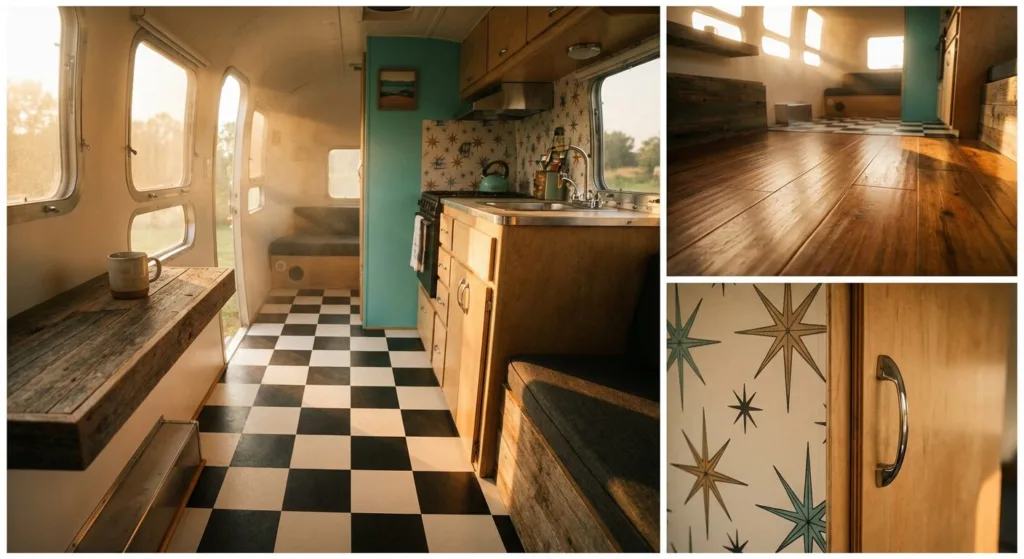 Interior view of a vintage camper with a cozy seating area, wooden cabinets, and natural light coming through the windows.