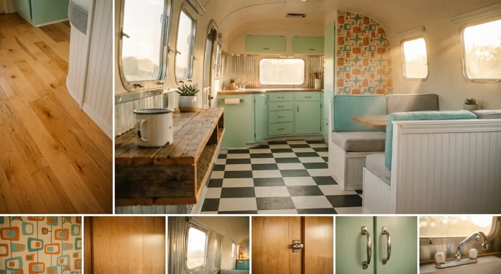 A charming vintage camper kitchen and dining area bursting with retro personality and clever design.