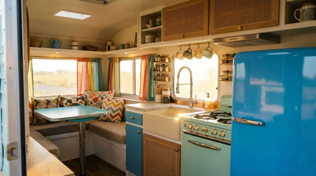 A charming vintage camper kitchen and dining area bursting with retro personality and clever design.