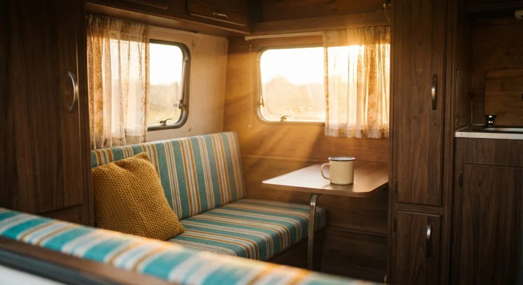 A charming vintage camper kitchen and dining area bursting with retro personality and clever design.