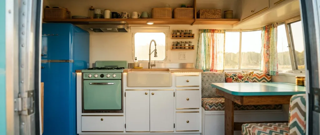 A charming vintage camper kitchen and dining area bursting with retro personality and clever design.