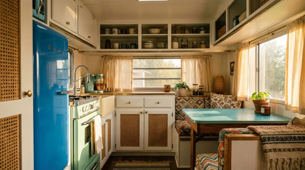 Cinematic, sunlit retro camper kitchen.