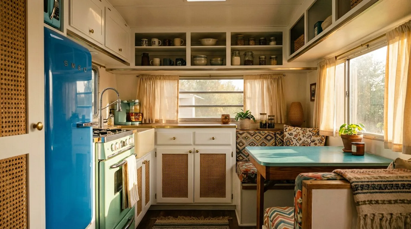 Cinematic, sunlit retro camper kitchen.
